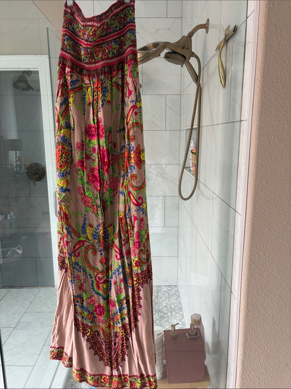 Flying Tomato Tapestry Vibrant Boho Floral smocked Strapless Halter Maxi Dress L - Picture 3 of 9